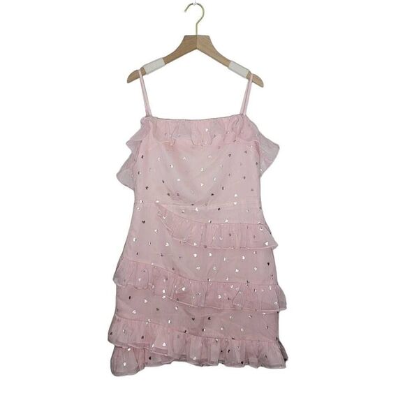 Lovers + Friends Pink Ruffle Dress Size Medium Silver Hearts - Picture 1 of 7